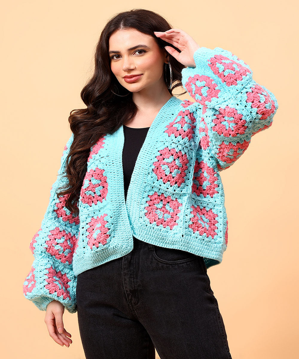 Hand knitted sky blue pink women sweater