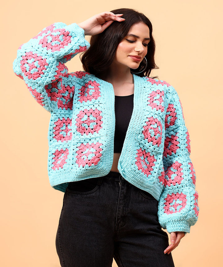 Hand knitted sky blue pink women sweater