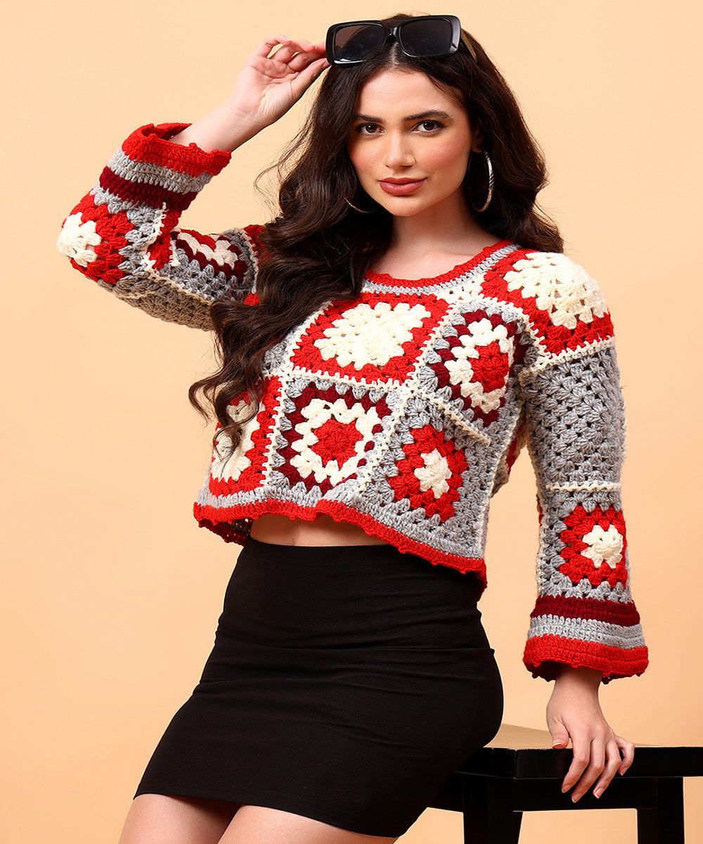 Hand knitted red grey women sweater