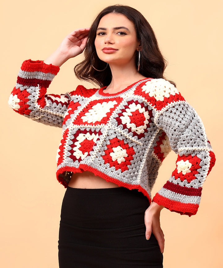 Hand knitted red grey women sweater