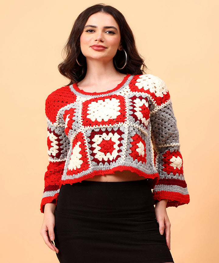 Hand knitted red grey women sweater