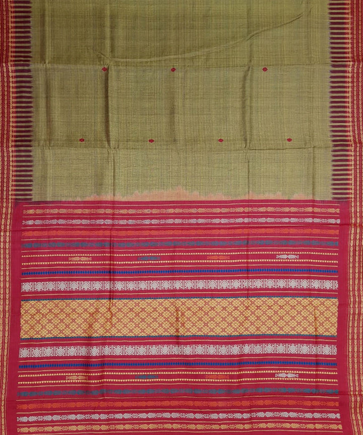 Olive green red tussar silk handloom gopalpur saree