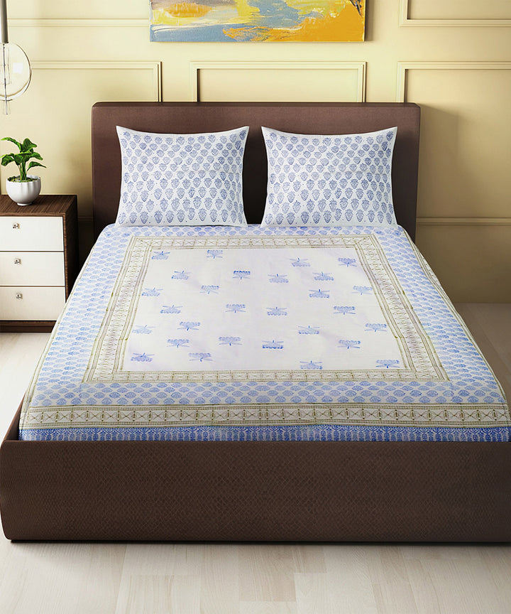 Beige white hand block printed cotton king size double bed sheet