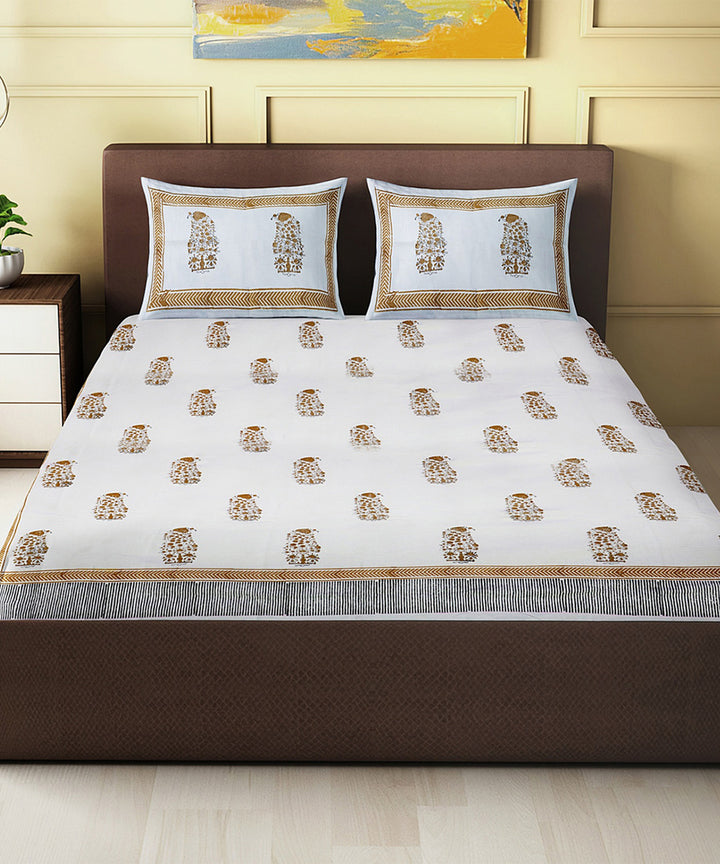 Brown white hand block printed king size cotton double bed sheet