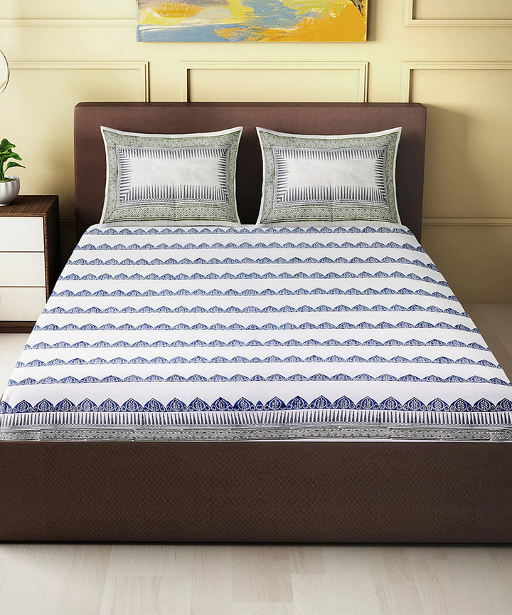 Navy blue white hand block printed king size double cotton bed sheet