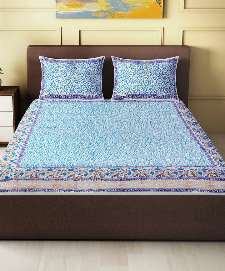 Sky blue navy blue cotton hand block paint king size double bed sheet