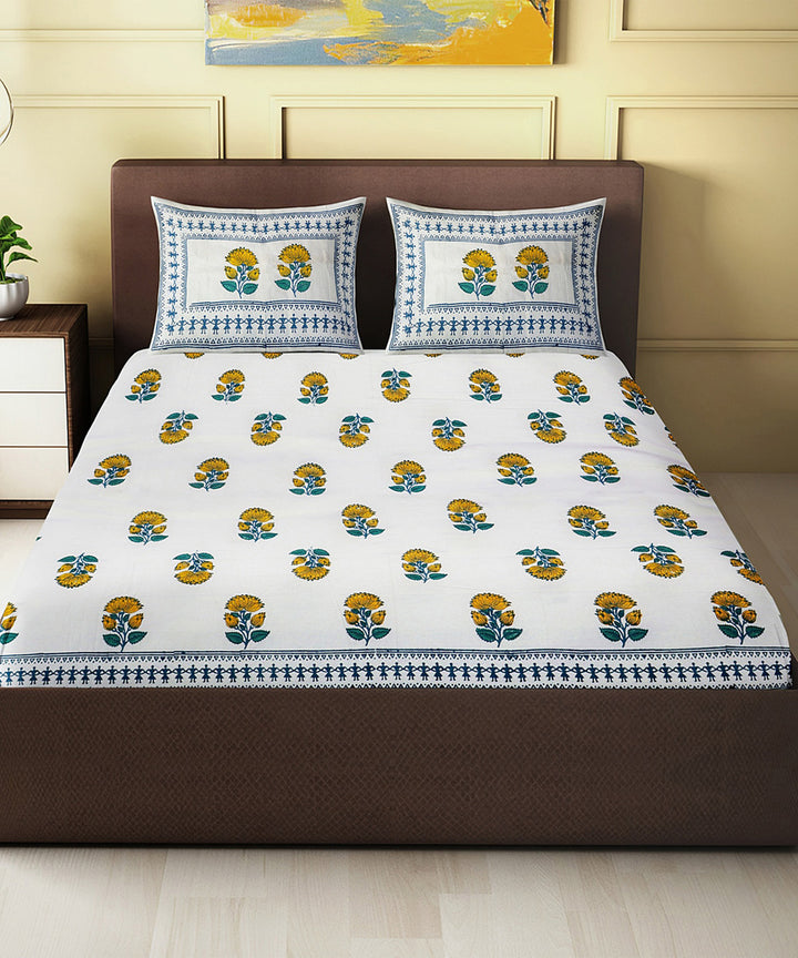 Blue yellow white hand block paint cotton king size double bed sheet