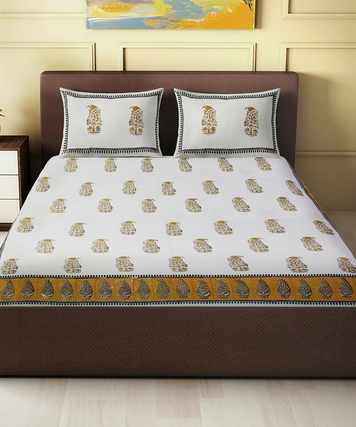 Brown white hand block printed cotton king size double bed sheet