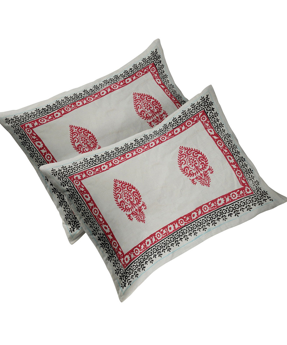 Red white black hand block printed cotton king size double bed sheet