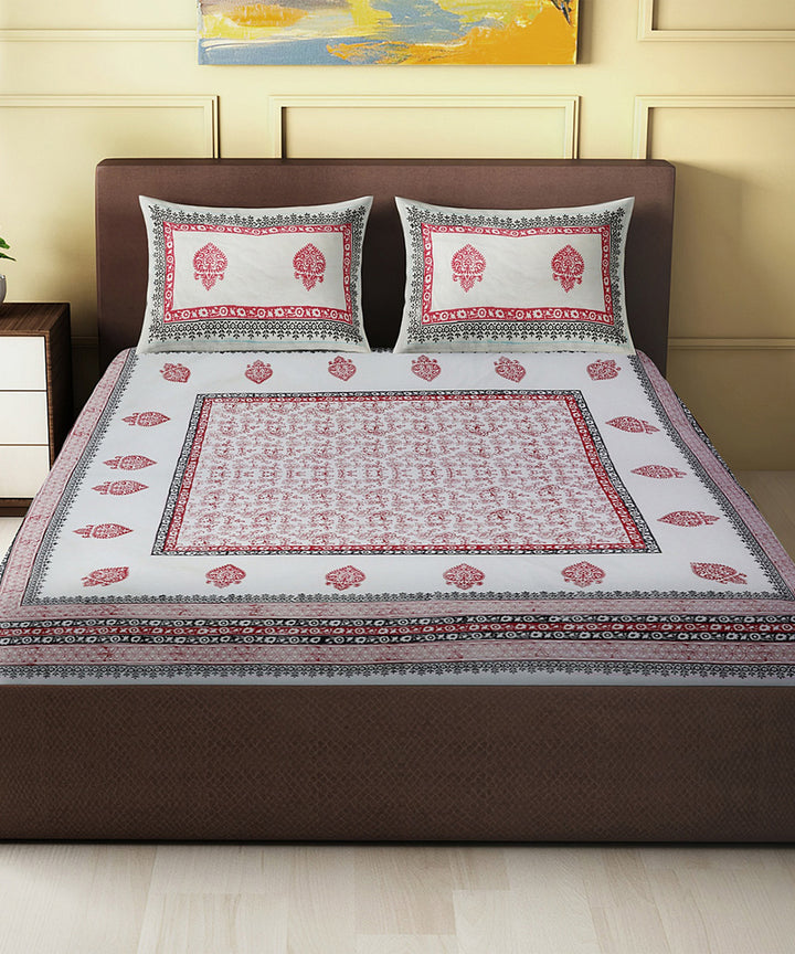 Red white black hand block printed cotton king size double bed sheet