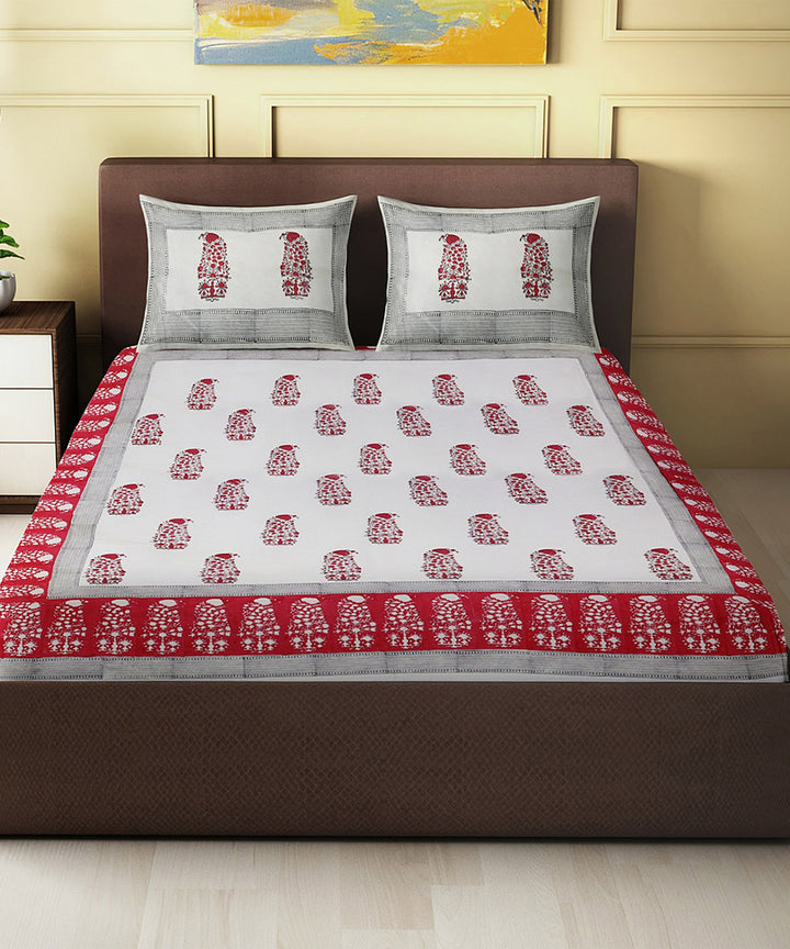 Red offwhite hand block printed cotton king size double bed sheet