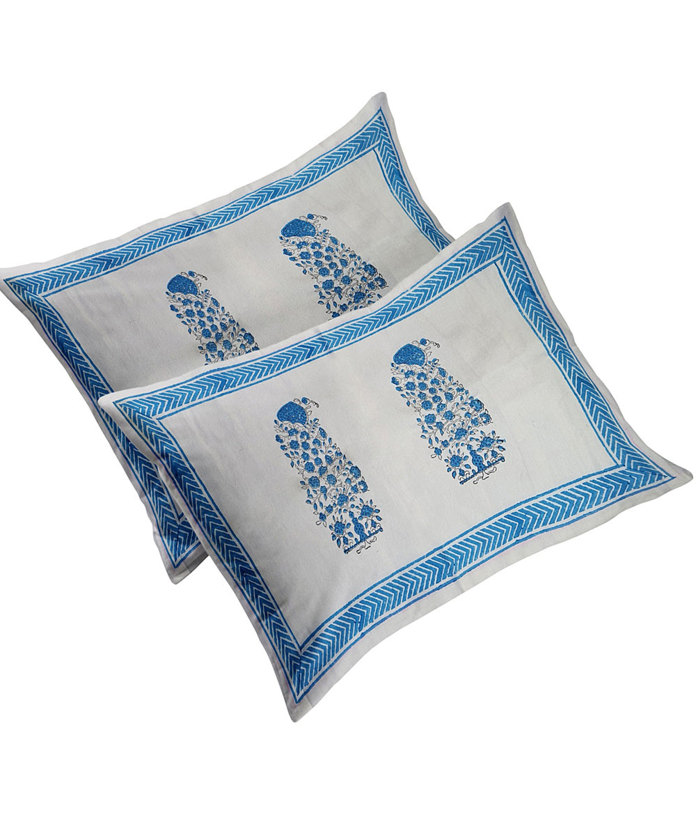 Sky blue white hand block printed cotton king size double bed sheet