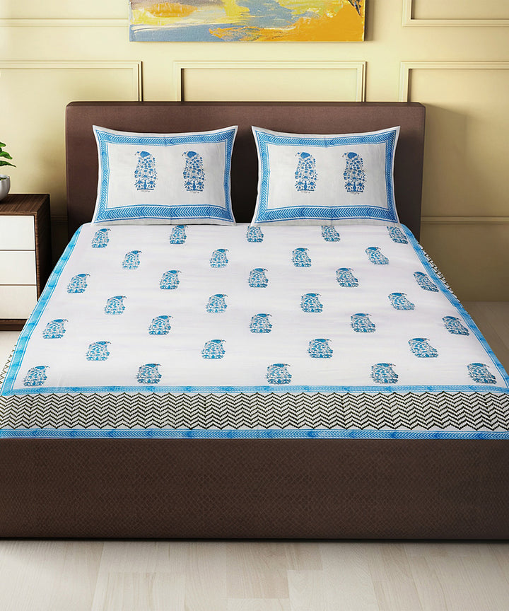 Sky blue white hand block printed cotton king size double bed sheet