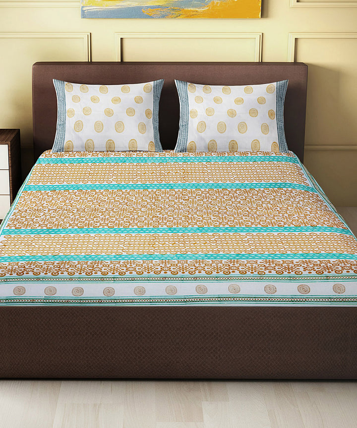 Orange sky blue hand block printed cotton king size double bed sheet