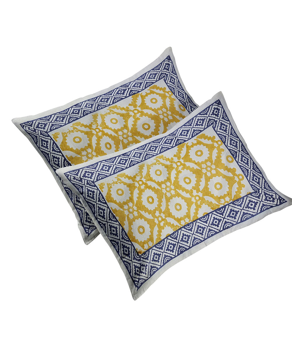 Yellow navy blue cotton hand block printed king size double bed sheet