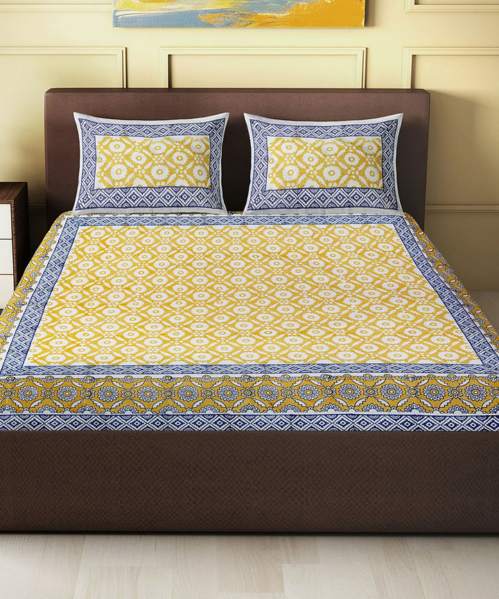 Yellow navy blue cotton hand block printed king size double bed sheet