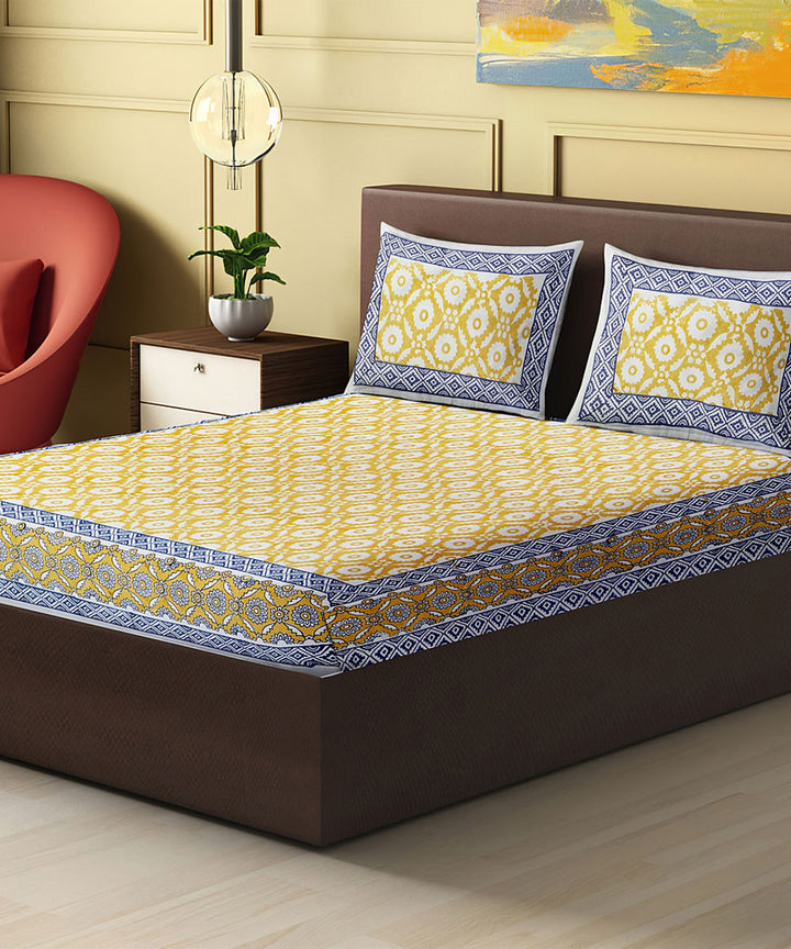 Yellow navy blue cotton hand block printed king size double bed sheet