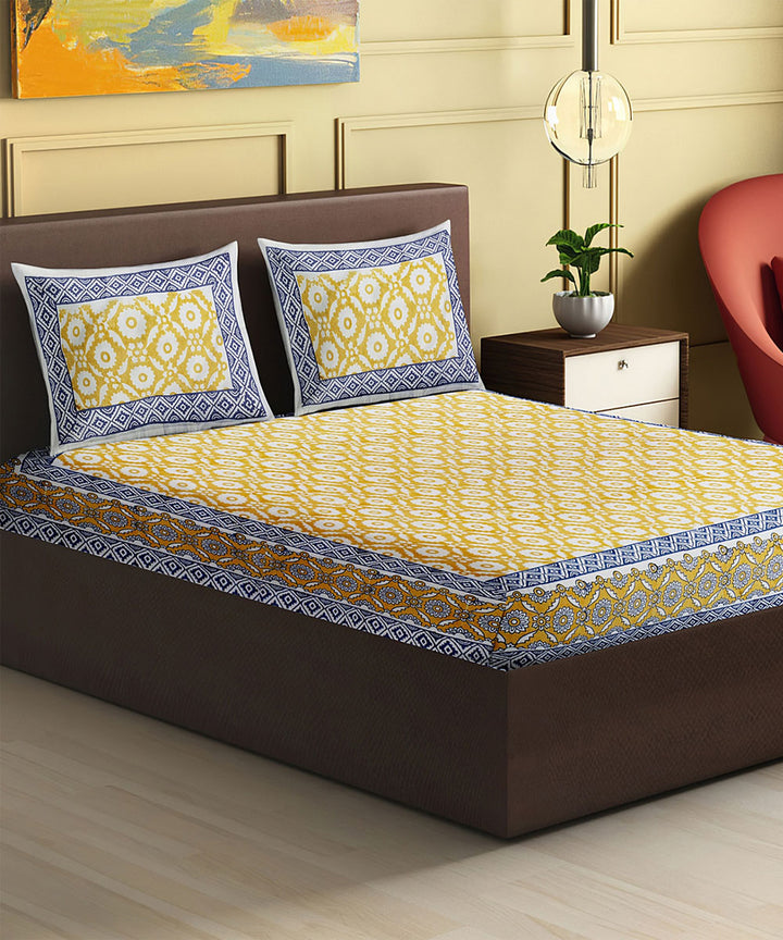 Yellow navy blue cotton hand block printed king size double bed sheet