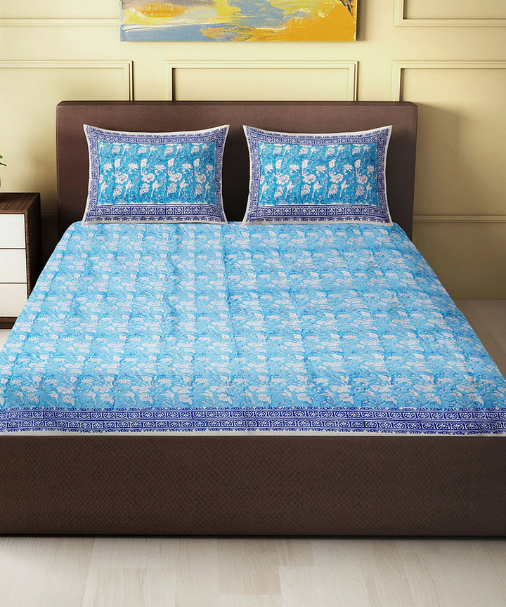 Sky blue navy blue hand block print cotton king size double bed sheet