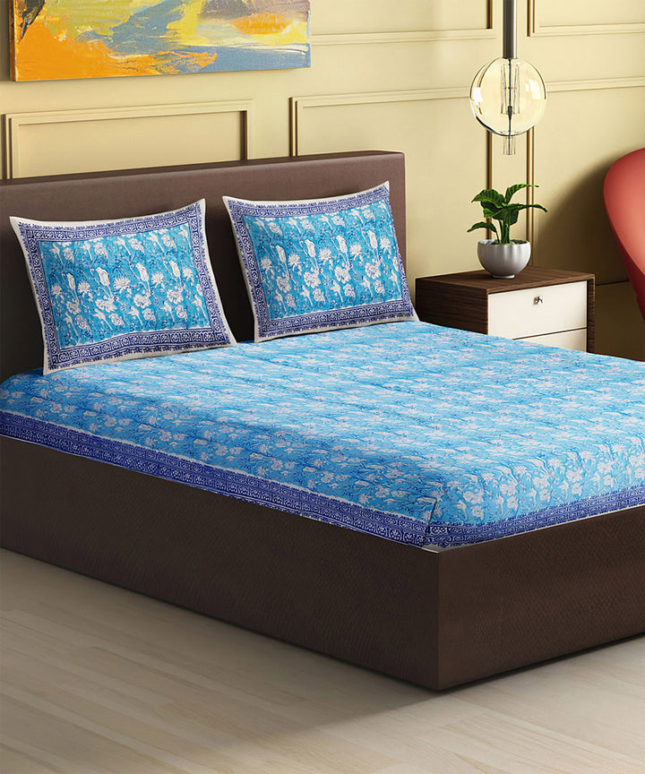 Sky blue navy blue hand block print cotton king size double bed sheet