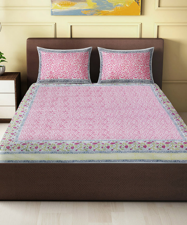 Pink black hand block printed cotton king size double bed sheet