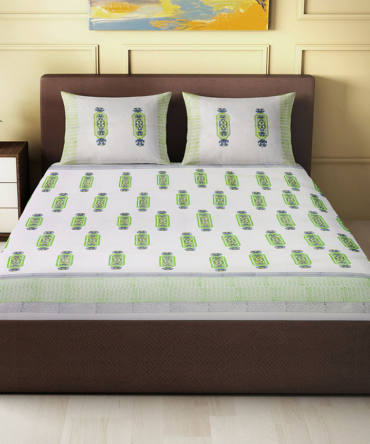 Cyan green white hand block printed cotton king size double bed sheet