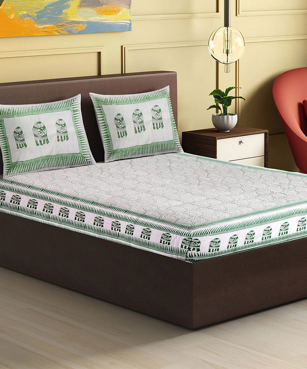 Light green white hand block print king size cotton double bed sheet