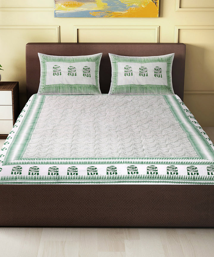 Light green white hand block print king size cotton double bed sheet