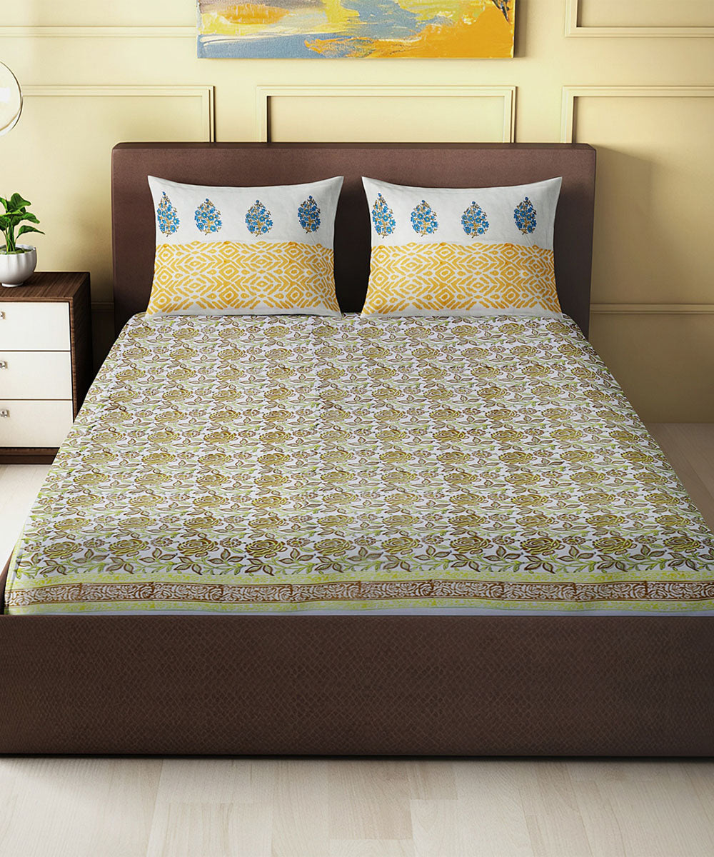 Yellow brown hand block printed cotton king size double bed sheet