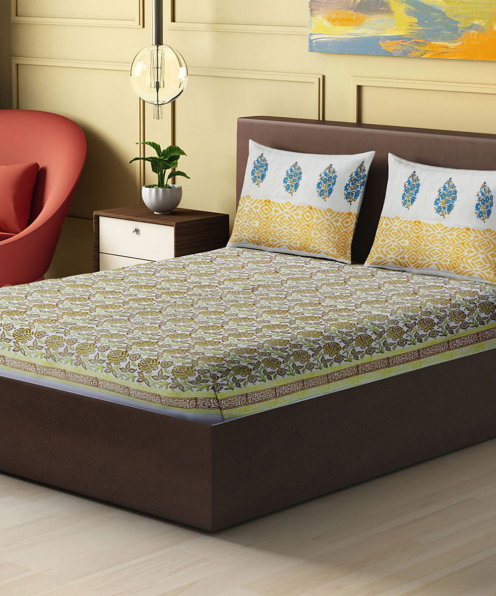 Yellow brown hand block printed cotton king size double bed sheet