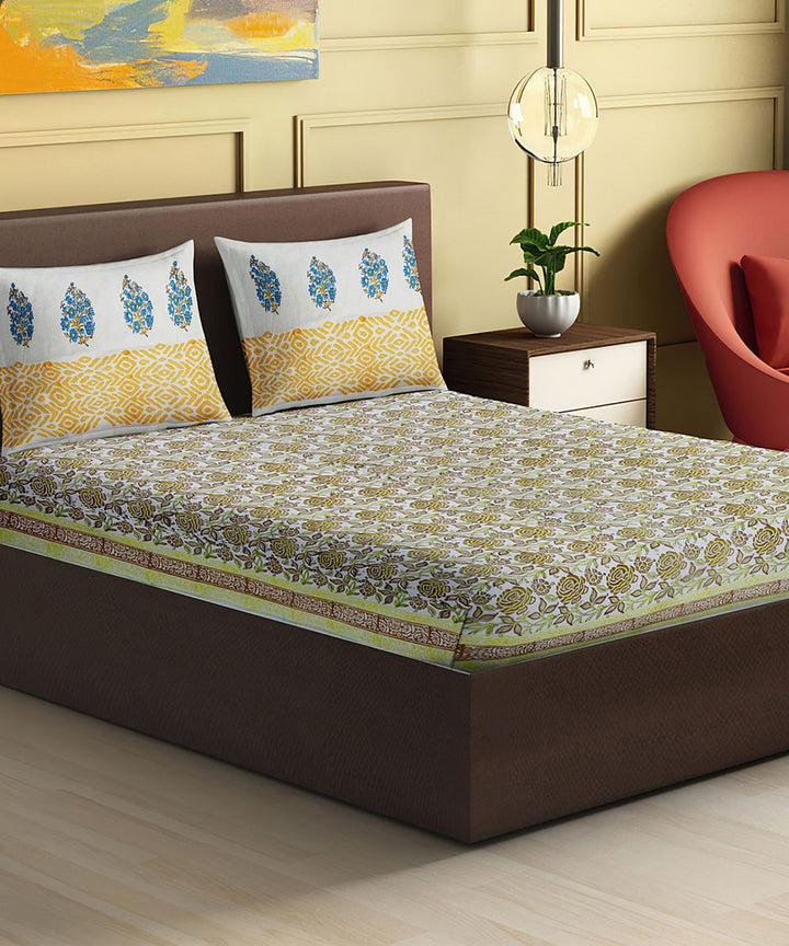 Yellow brown hand block printed cotton king size double bed sheet