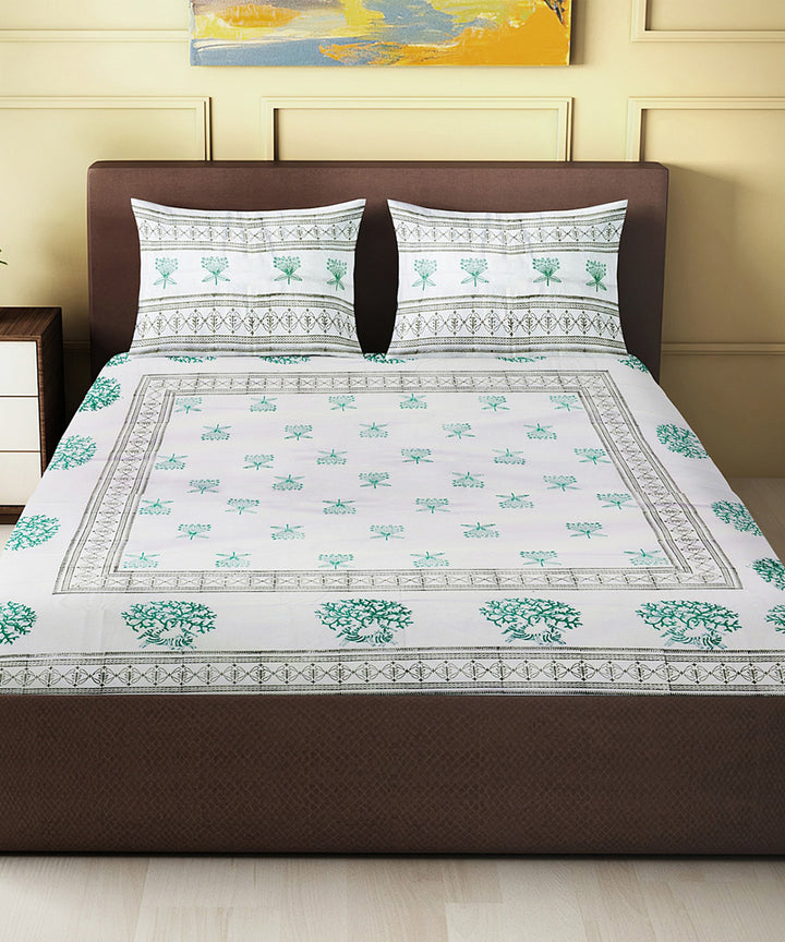 Black green hand block printed cotton king size double bed sheet