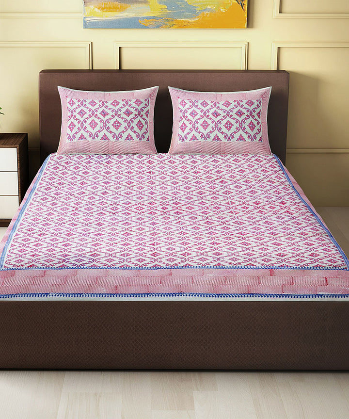 Pink navy blue hand block printed cotton king size double bed sheet