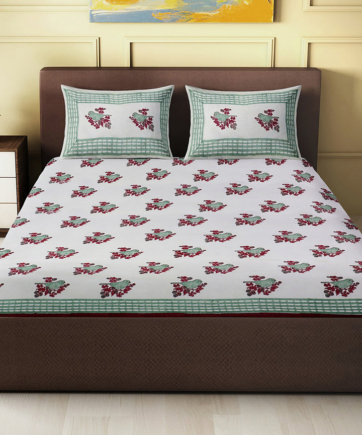 Grey dark red white block printed cotton king size double bed sheet