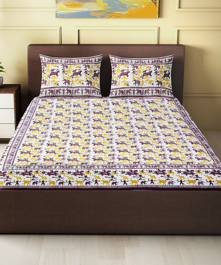 Yellow purple hand block printed cotton king size double bed sheet