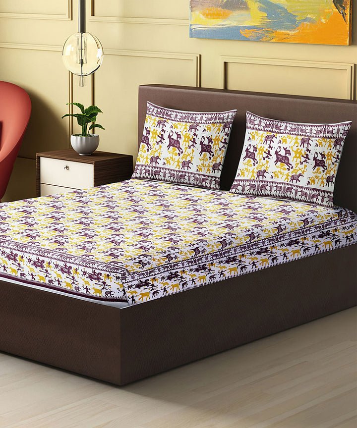 Yellow purple hand block printed cotton king size double bed sheet