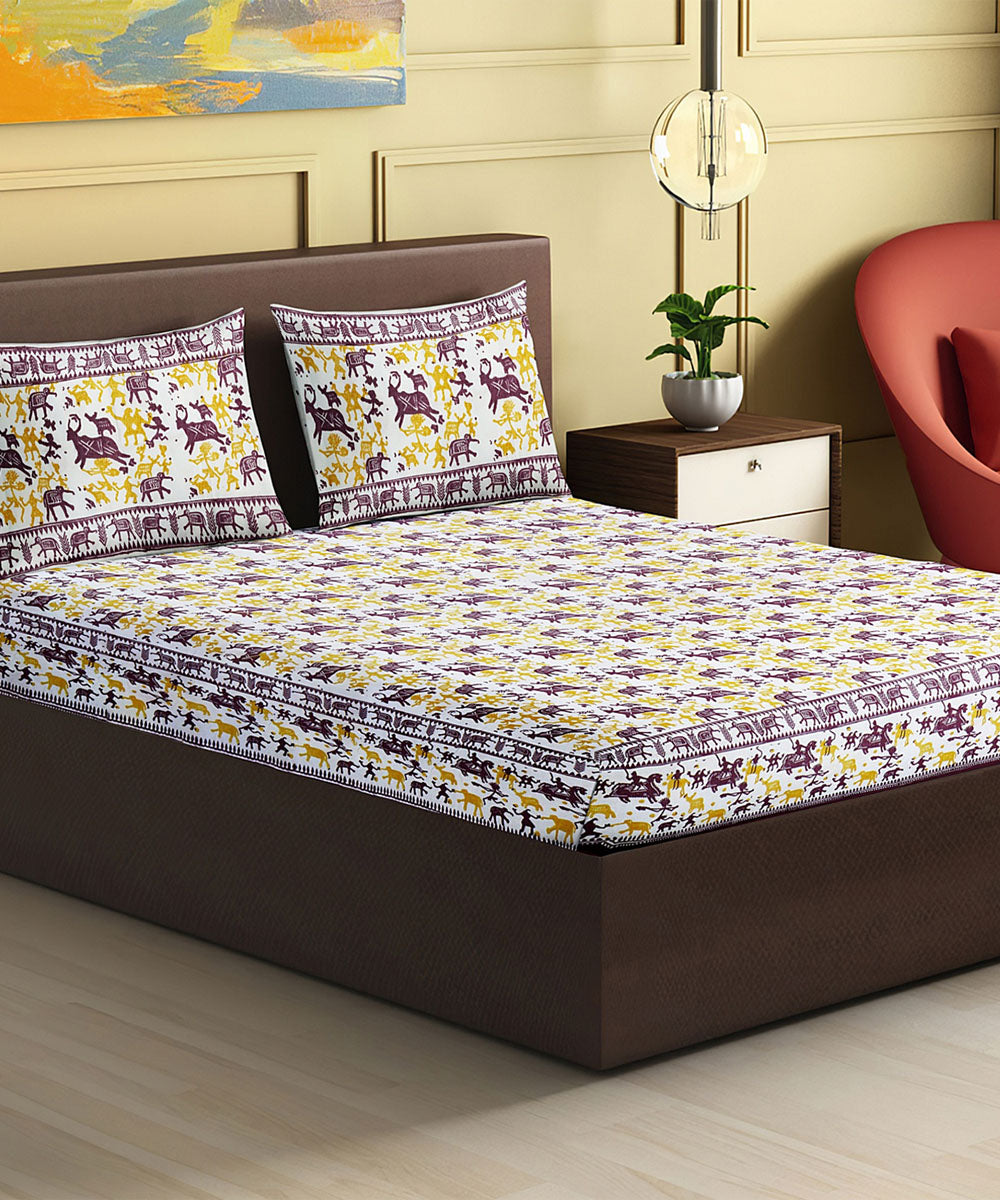 Yellow purple hand block printed cotton king size double bed sheet