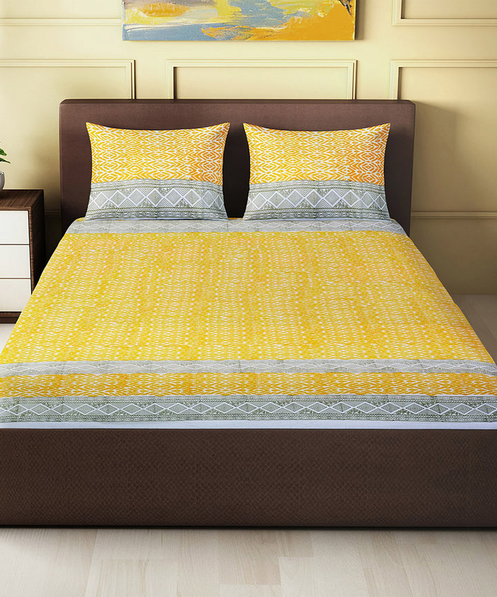 Yellow navy blue hand block printed cotton king size double bed sheet