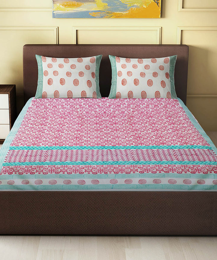 Pink sky blue hand block printed cotton king size double bed sheet