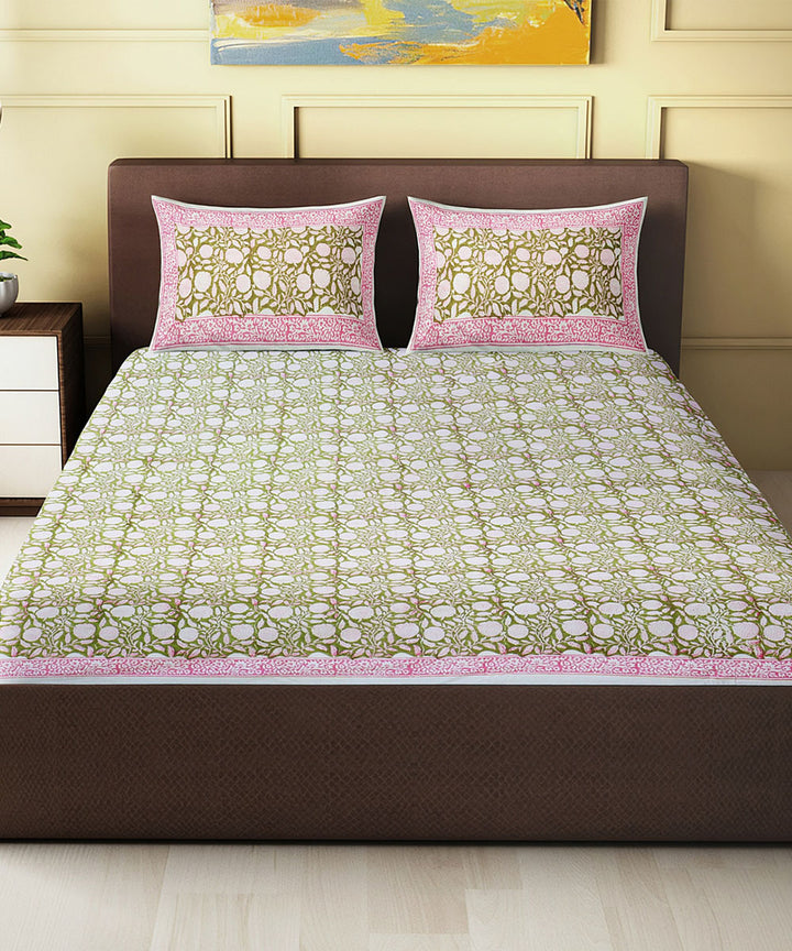 Pink brown hand block printed cotton king size double bed sheet