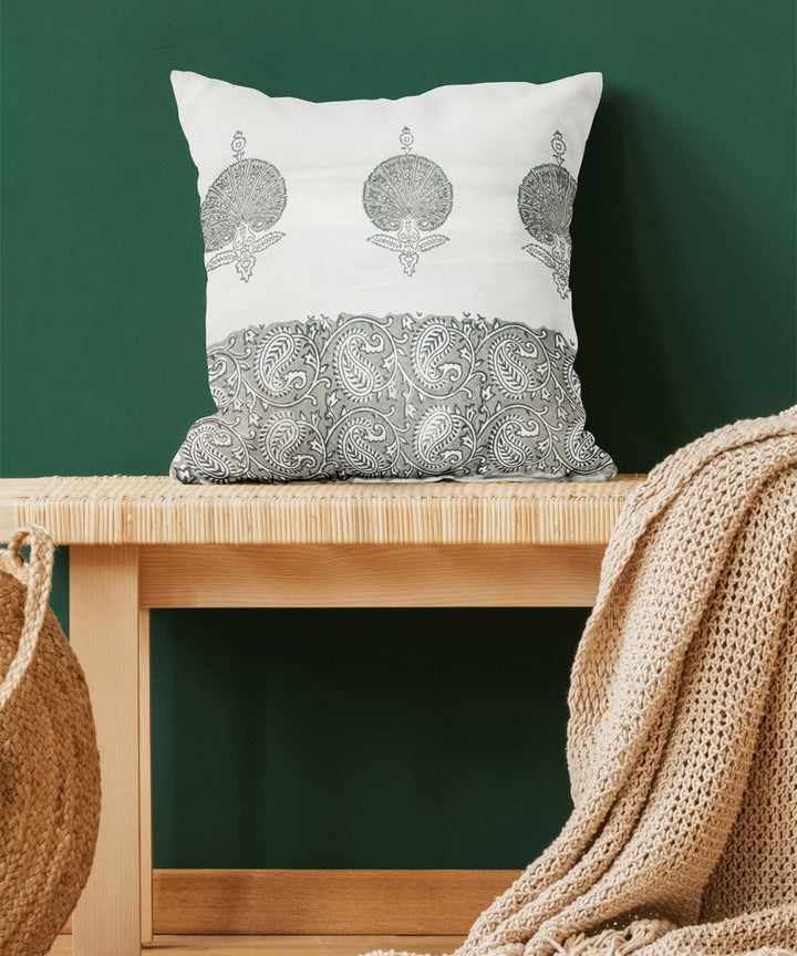 Grey white cotton hand block printed cushion cover