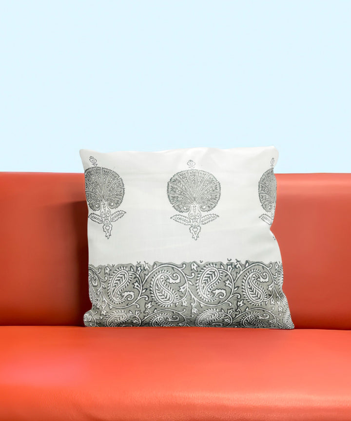 Grey white cotton hand block printed cushion cover