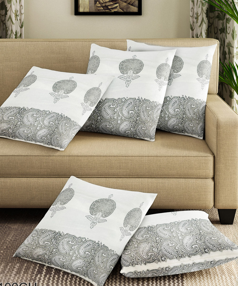 Grey white cotton hand block printed cushion cover