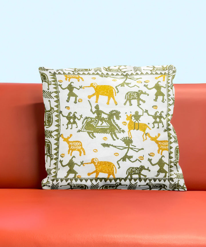 Multicolor white hand block printed cotton cushion cover