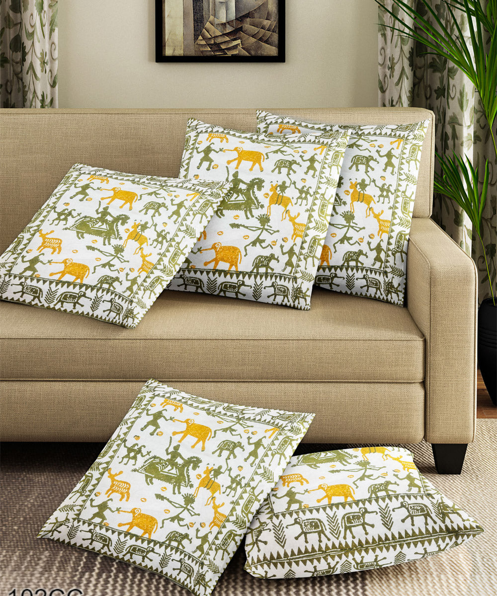 Multicolor white hand block printed cotton cushion cover