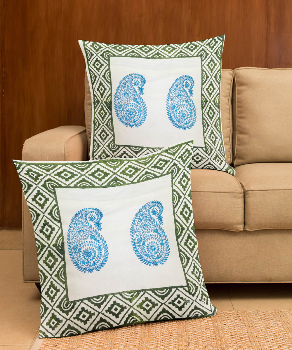 Sky blue white cotton hand block printed cushion cover