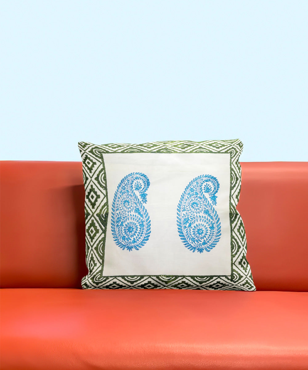 Sky blue white cotton hand block printed cushion cover