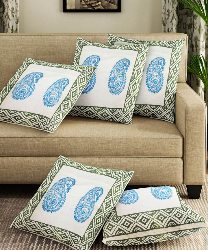 Sky blue white cotton hand block printed cushion cover