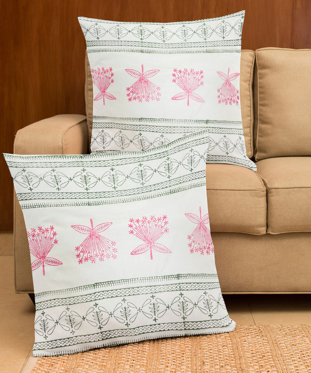 Pink white cotton hand block printed cushion cover