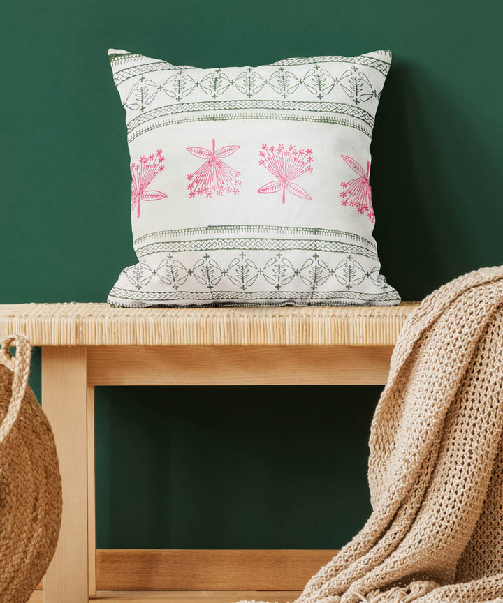 Pink white cotton hand block printed cushion cover